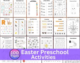 Paquete de hojas de trabajo imprimibles de actividades de Pascua para preescolar y primer grado. Juegos de Pascua para niños, matemáticas, letras, colorear, calcar y descargar.