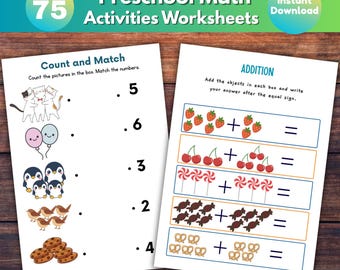 75 Preschool Math Worksheets Bundle, Kindergarten, 1st Grade | Printable Math Worksheets & Activities | Early Math Learning  PDF