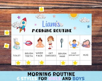 6 Editable Morning Routine Charts for Toddler. Dinosaur Printable Morning Routine for Kids. Checklist for kids. Parenting tools.