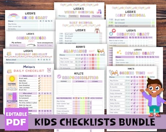 Paquete de tablas de tareas editables para niños, paquete de listas de verificación diarias para varios niños, tabla de responsabilidades editable, asignación, tiempo de pantalla, comportamiento, recompensa