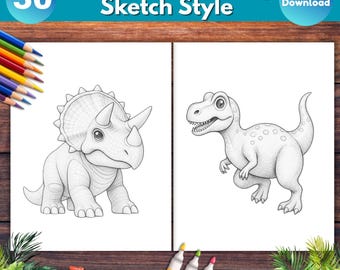 50 Easy Dinosaur Coloring Pages for Kids, Simple Toddler Preschool Coloring Book Printable, Party favors, Baby Shower Game, Sketch Style
