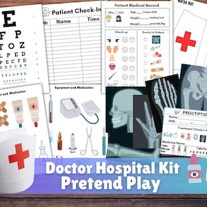 May include: A collection of pretend play doctor's office supplies, including a nurse's hat, eye chart, patient records, medical equipment, and X-ray images. The kit includes a variety of colorful illustrations and the text "Doctor Hospital Kit Pretend Play".