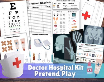 Juego de teatro imprimible de hospital, kit de simulación de médico de 20 páginas, historiales médicos para niños, radiografía, gorro de enfermera, actividad científica para preescolar