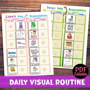 Visueel dagschema met kaarten Ochtendavondschema voor kinderen Bewerkbaar peuterschema Afdrukbaar takenschema met foto's