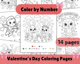 14 páginas de actividades para colorear por número para San Valentín, hojas para colorear para niños en edad preescolar, imprimibles para preescolar y herramientas de educación en casa durante las festividades.