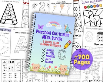 Paquete de aprendizaje preescolar con más de 700 recursos, hojas de actividades para preescolar: alfabeto, números, formas, páginas para colorear, jardín de infancia y educación en casa.