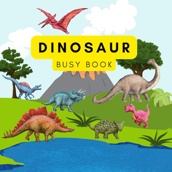 Dinosaur Preschool Busy Book Printable. Learning Binder Worksheets for Toddler. Homeschool Folder Activities for Boys. Dinos Busy Book