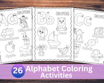 Páginas para colorear del alfabeto, página para colorear preescolar, libro de las primeras letras para bebés, actividad imprimible preescolar, colorear el abecedario, hoja de trabajo de letras