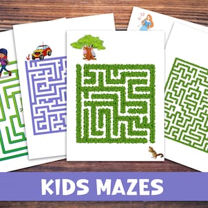 May include: Four printable maze activity sheets for kids. Each sheet features a different maze design with a green, blue, or white background. The mazes are surrounded by a white border.