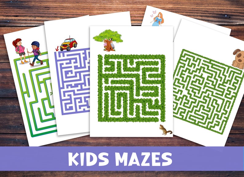 May include: Four printable maze activity sheets for kids. Each sheet features a different maze design with a green, blue, or white background. The mazes are surrounded by a white border.