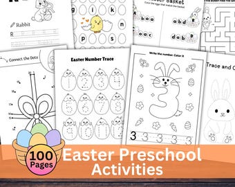 Paquete de hojas de trabajo imprimibles de actividades de Pascua para preescolar. Juegos de Pascua para primer grado, matemáticas para niños, letras, colorear, calcar, descarga instantánea.
