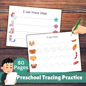 Paquete de 80 páginas de trazos para preescolares / Hojas de trabajo para desarrollar habilidades motoras finas y el control del lápiz / Práctica de preescritura para niños pequeños y jardín de infantes.