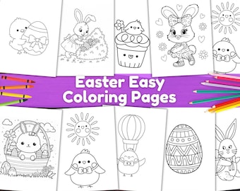 Dibujos para colorear de Pascua fáciles para niños / Libro para colorear imprimible: diseños de conejito, huevo, pollito, unicornio y cupcakes. Descarga digital en PDF para educación en casa.