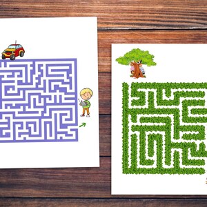 May include: Two maze puzzles on white paper. The first maze is purple and features a red toy car at the top and a boy with a remote control at the bottom. The second maze is green and features a tree with two children in it at the top and a squirrel at the bottom.