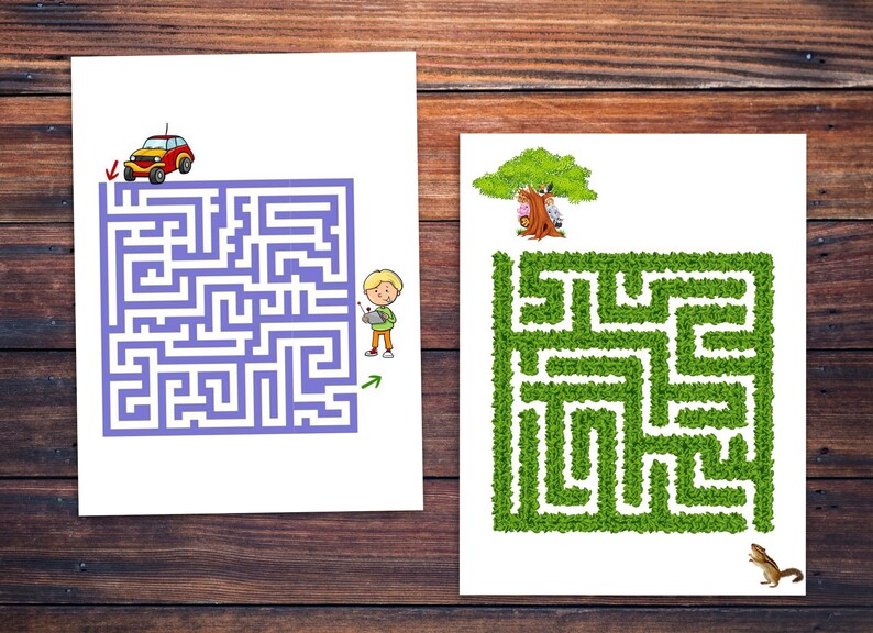 May include: Two maze puzzles on white paper. The first maze is purple and features a red toy car at the top and a boy with a remote control at the bottom. The second maze is green and features a tree with two children in it at the top and a squirrel at the bottom.