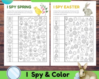 I Spy and Color Spring Easter Activity, Toddler Seek and Find Worksheets, Preschool Easter Basket Stuffer, Spring Coloring Pages,