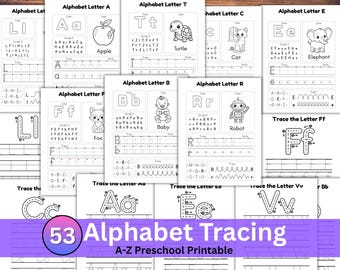 53 hojas de trabajo imprimibles para trazar el alfabeto / Práctica de escritura a mano para preescolar y jardín de infantes, páginas para trazar letras mayúsculas y minúsculas