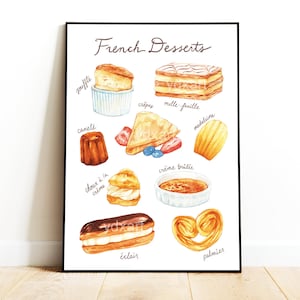 May include: A white poster with the title "French Desserts" and illustrations of various French desserts, including a mille feuille, a canelé, a choux à la crème, a crème brûlée, a madeleine, a palmier, a soufflé, a crêpe, and an éclair.