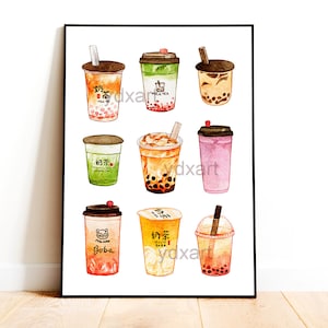 Bubble Tea Art Print | Milk Tea, Matcha, Red Bean, Latte, Taro, Wall Art, Home Decor, Kitchen Decor