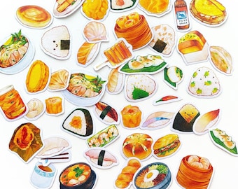 May include: A collection of colorful stickers featuring various Asian foods, including dumplings, sushi, rice balls, noodles, and buns. The stickers are perfect for adding a touch of Asian cuisine to your planner, journal, or laptop.