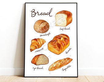 May include: A watercolour illustration of different types of bread, including sourdough, croissant, rye bread, loaf bread, brioche, and baguette. The illustration is on a white background with the word "Bread" written in brown cursive at the top.