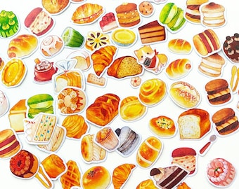 May include: A collection of colorful stickers featuring various baked goods, including cakes, pastries, breads, and cookies. The stickers are perfect for adding a touch of whimsy to planners, journals, and other craft projects.