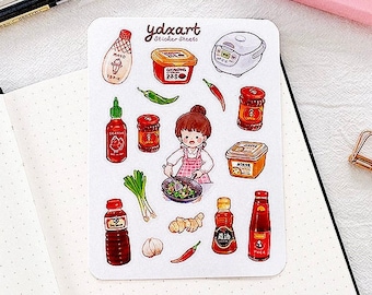 Feuille d'autocollants pour les essentiels de la cuisine asiatique | Autocollants alimentaires, condiments, garde-manger de cuisine