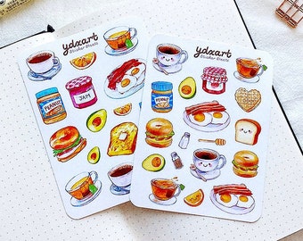 Breakfast Sticker Sheet | Bagel, Peanut Butter, Eggs, Tea, Cute Stickers, Food Stickers