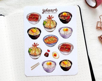 May include: A sheet of stickers featuring watercolor illustrations of various Japanese rice bowls. The stickers are on a white background and have the text "ydxart sticker sheets" printed on them.