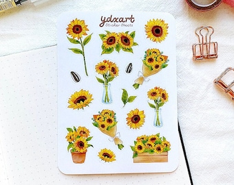 Peut inclure: Une feuille d'autocollants de tournesols avec une variété de motifs, y compris des tournesols simples, des bouquets et des tournesols en pot. La feuille d'autocollants est blanche avec le texte "ydexart sticker sheets" imprimé en noir.