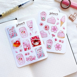 Cherry Blossom Dessert Sticker Sheet | Pink Magenta Stickers, Cute Stickers, Japanese Food, Asian Food, Snacks