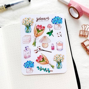 Feuille d'autocollants de fleurs esthétiques | Planificateur, Hortensia, Bouquet de tulipes, Marguerites, Feuillage, Bougies