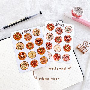 May include: Two sheets of pizza stickers with a variety of toppings. The stickers are on a white background and have the text "ydzcart Sticker Sheets" and "matte vinyl" printed on them.