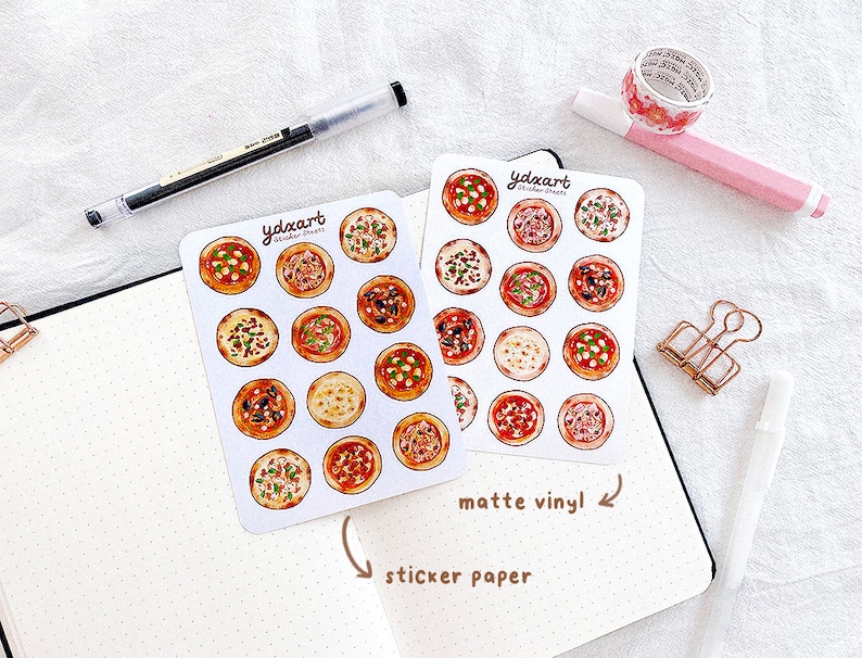 May include: Two sheets of pizza stickers with a variety of toppings. The stickers are on a white background and have the text "ydzcart Sticker Sheets" and "matte vinyl" printed on them.