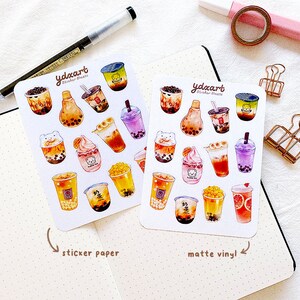 May include: Two sheets of stickers featuring illustrations of bubble tea drinks. The stickers are labeled "ydxart sticker sheets" and are available in both sticker paper and matte vinyl.