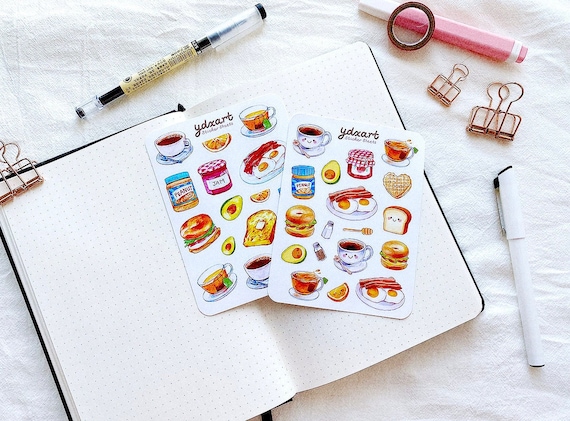 Breakfast Sticker Sheet | Bagel, Peanut Butter, Eggs, Tea, Cute Stickers, Food Stickers