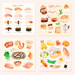 Impressões de cardápio de comida | Comida asiática, Nigiri, Sushi, Café, Café com leite, Espresso, Arte de parede, Decoração, Decoração de casa