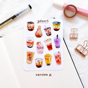 May include: A sheet of stickers featuring various bubble tea designs. The stickers are illustrated in a cartoon style with bright colors and feature different toppings and flavors. The sheet is labeled "ydxart Sticker Sheets" and "version A".