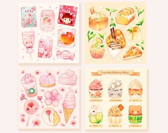 May include: A set of four illustrations featuring various Japanese snacks and desserts, including Pocky sticks, a peach juice can, a Milky candy bar, a strawberry cupcake, a coffee drink, a cake, a crepe, a pudding, a slice of pie, and a variety of cupcakes with different flavors and toppings. The illustrations are in a watercolor style and feature pastel colors.