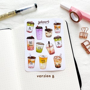May include: A sheet of stickers featuring various illustrated bubble tea cups with different flavors and toppings. The stickers are on a white background and have the text "ydxart Sticker Sheets" and "version B" printed on them.