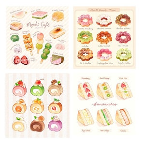 Food Menu Prints | Cute Desserts, Food Art, Donuts, Cake Roll, Japanese Food, Sandwiches, Wall Art, Decoration, Home Decor