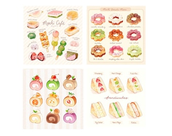 May include: A watercolor illustration of a menu for a Mochi Cafe. The menu features a variety of mochi, donuts, and sandwiches. The mochi are shown in different colors and flavors, including strawberry, green tea, and vanilla. The donuts are also shown in different colors and flavors, including chocolate, vanilla, and matcha. The sandwiches are shown in different varieties, including strawberry, kiwi and orange, and fruit mix.