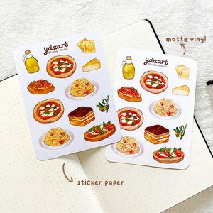 May include: A sheet of stickers featuring illustrations of Italian food, including pizza, pasta, and tiramisu. The stickers are printed on matte vinyl and are available in a variety of colors. The stickers are perfect for adding a touch of Italian flair to your planner, journal, or laptop.