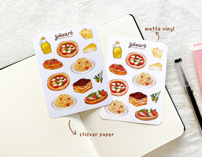 May include: A sheet of stickers featuring illustrations of Italian food, including pizza, pasta, and tiramisu. The stickers are printed on matte vinyl and are available in a variety of colors. The stickers are perfect for adding a touch of Italian flair to your planner, journal, or laptop.
