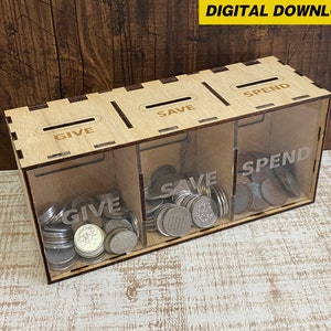 Give-Save-Spend Coin Bank with Sliding Lid - Svg Eps vector image for CNC Milling & Laser - No Physical Items Included