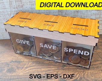 Give-Save-Spend Münzbank mit Deckel - Svg Eps Vektorbild für CNC Fräsen & Laser - Keine physischen Gegenstände enthalten