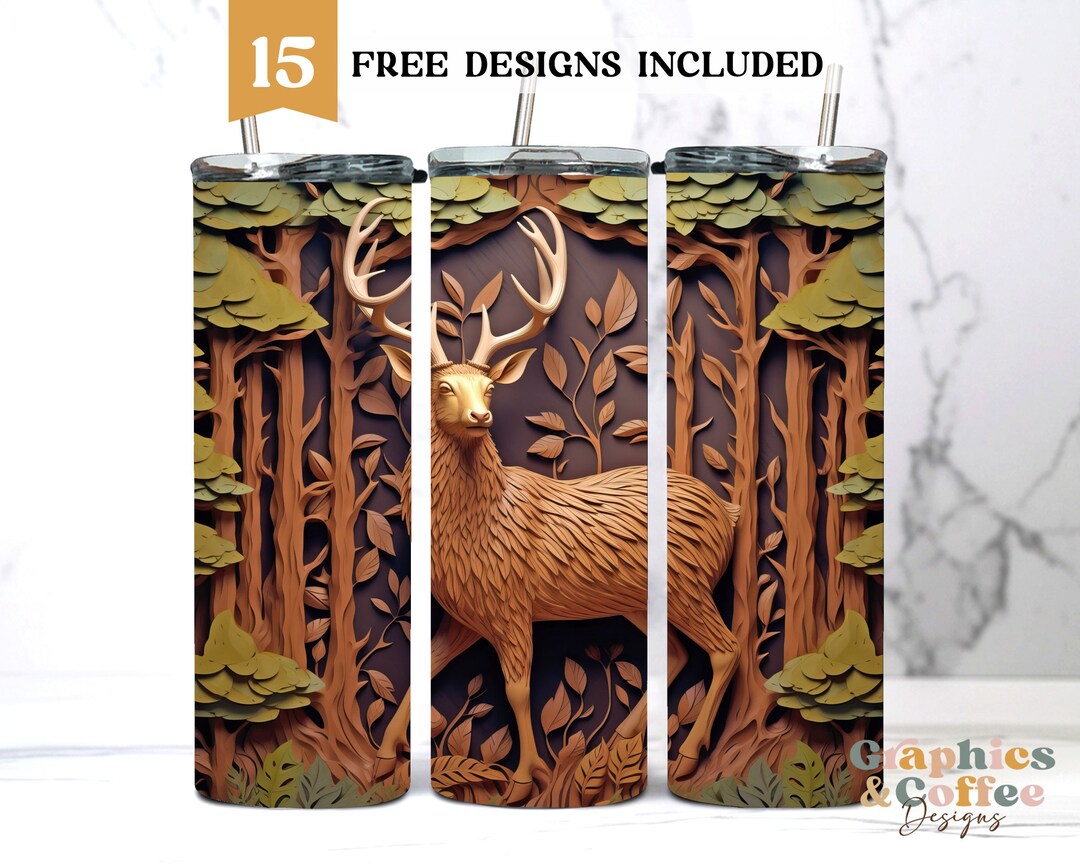 3D Wooden Deer Forest 20oz Sublimation Skinny Tumbler Designs, Straight ...