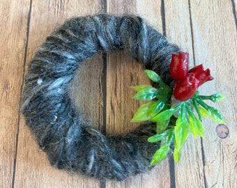 Dollhouse Wreath Wrapped in Wool with Christmas Greenery