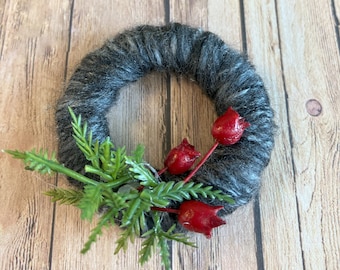 Dollhouse Wool Wrapped Wreath with Christmas Greenery
