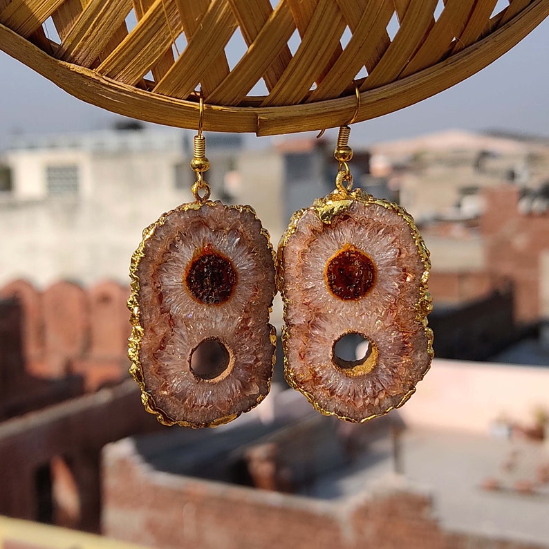 Beautiful Solar Quartz Brown Gemstone Earring Electroplated Edge Boho Earring Design Gold Plated Earring 1 Pair Stone Size 40x25 mm Women,